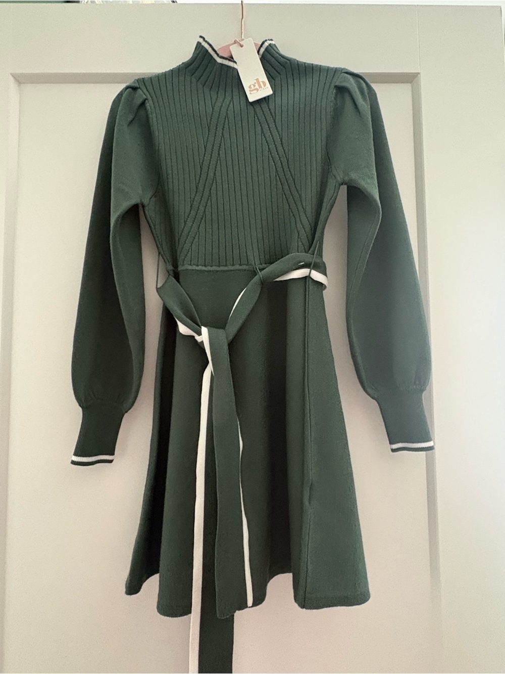 GB girls Green Knit Long Sleeve Dress with Self-Tie Belt